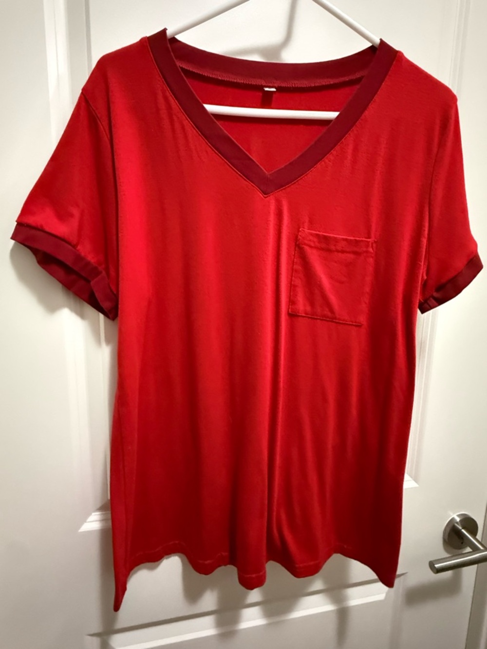 Red V-Neck Short Sleeve Tee with Chest Pocket
